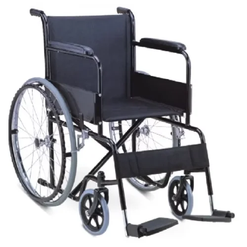 Standard Wheelchair with Powder coated steel frame, fixed armrest, fixed footrest, solid castor, solid rear wheels