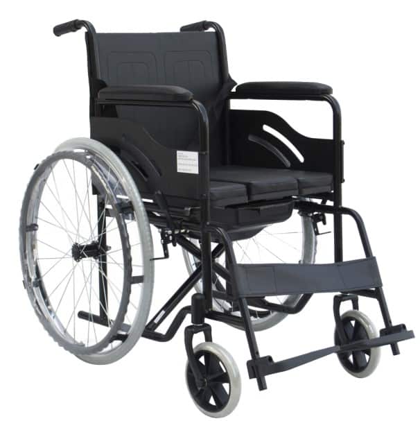 Commode Wheelchair with foldable powder coated steel frame, U shape commode seat, Fixed armrest and foot rest, Solid Caster & solid MAG rear wheel