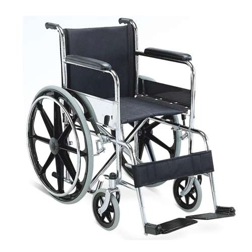 Standard Wheelchair with Chromed steel frame, fixed armrest, fixed footrest, solid castor, solid rear wheel