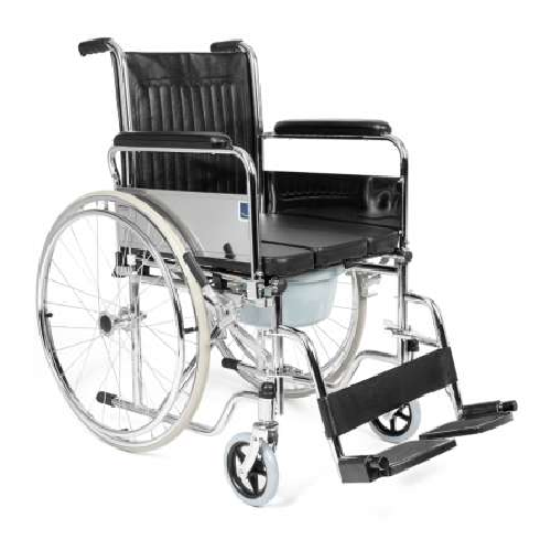 Commode Wheelchair with Foldable Chromed Steel Frame, U Shape Commode Seat, Flip-Up Armrest And Footrest Solid Castor And Rear Wheel.