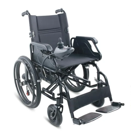 Power Wheelchair with Powder coating steel frame, Rubber foam rear wheel, Detachable armrest, Drop back handle ,Detachable footrest, Foldable frame, Rubber foam castor, Anti tippers