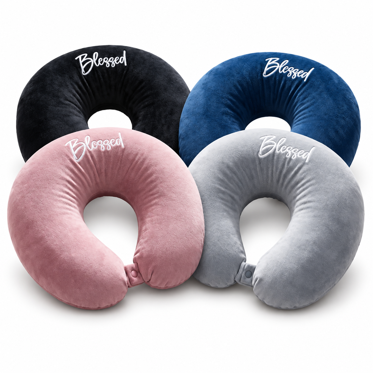 3Q  Comfort Velvet U-Shaped Neck Pillow for Travel I Soft, Adjustable Neck Support Cushion for Car, Flight, Home I “Blessed” Embroidered Velvet Neck Pillow with Snap Button